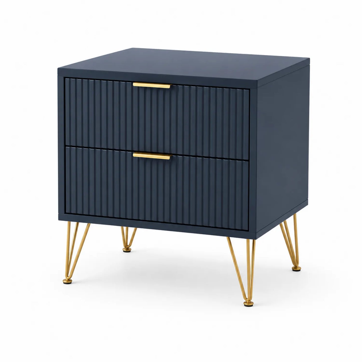 Szafka nocna 2 szuflady MDF ryflowana granatowa metalowe złote nogi 50x40x60 cm