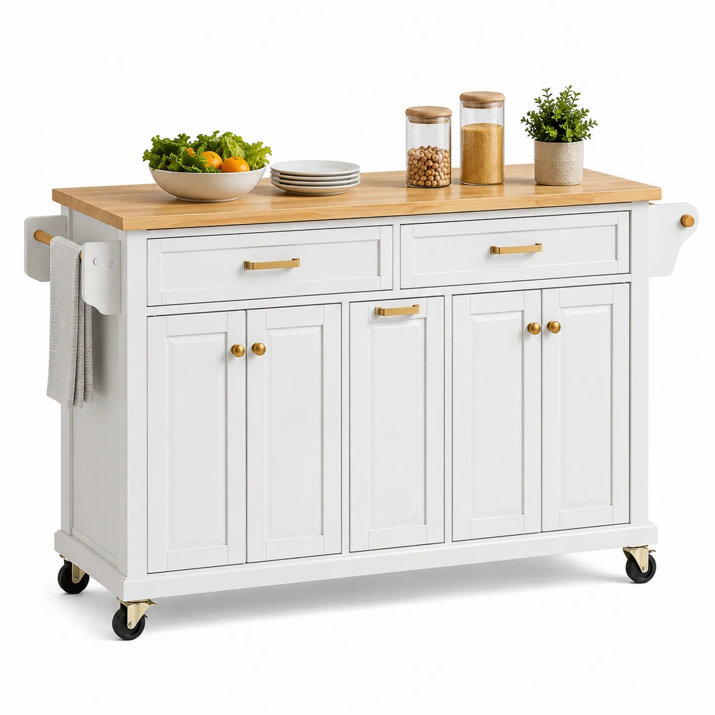 Wyspa kuchenna na kółkach MDF 140 x 60 x 90 cm biały z drewnianym blatem i szafkami