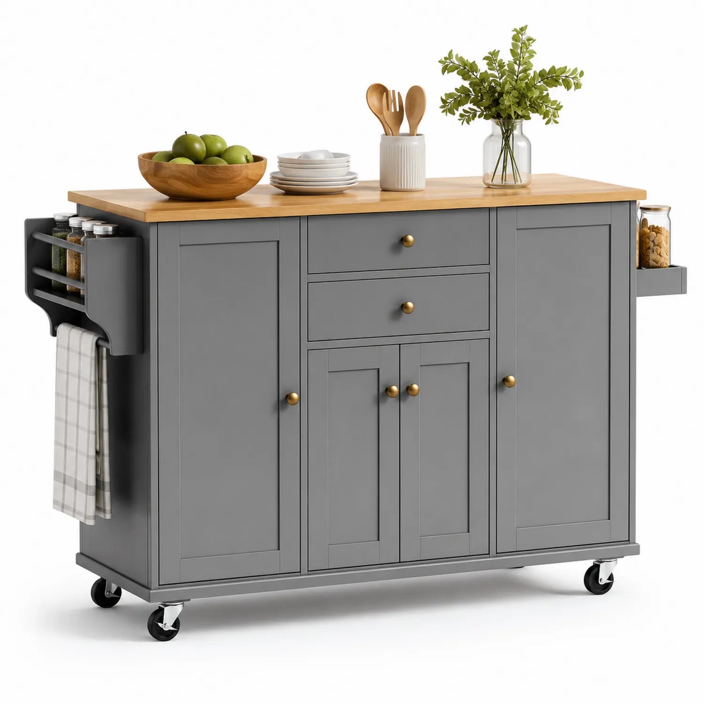 wyspa kuchenna na kółkach 140 cm x 46 cm x 90 cm MDF szary blat drewniany dąb prostokątna 2 szuflady 2 drzwi
