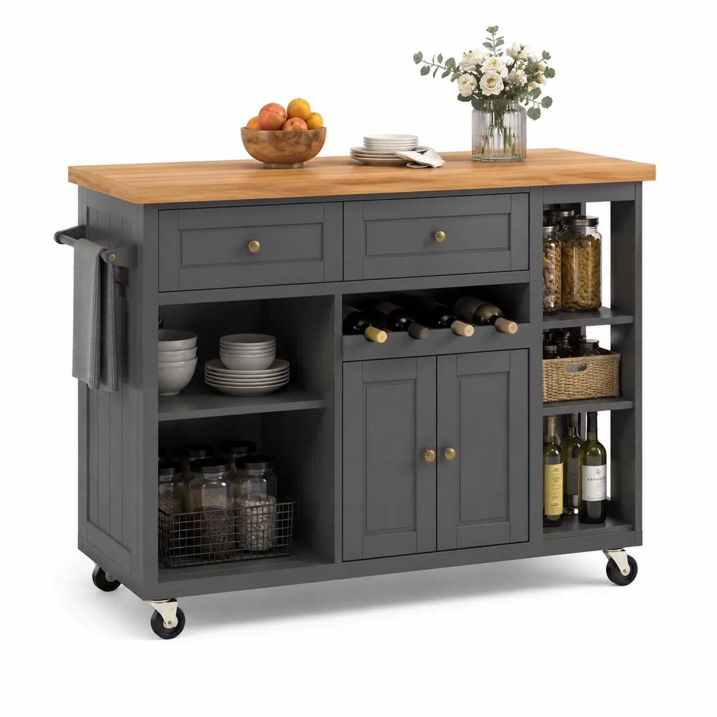 Wyspa kuchenna na kółkach 140 cm x 46 cm x 90 cm MDF grafitowa prostokątna z drewnianym blatem szufladami szafką i stojakiem na wino