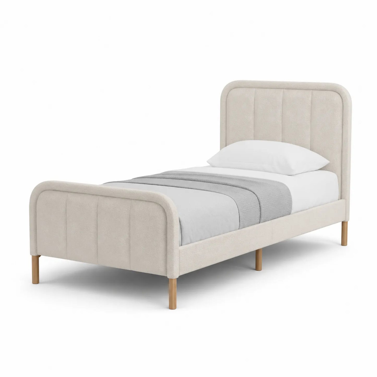 Łóżko tapicerowane 90 x 200 cm tkanina poliestrowa MDF beżowe drewniane nogi prostokątne