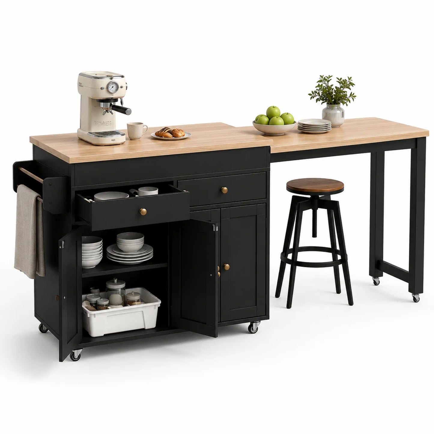 wyspa kuchenna na kółkach 190 cm x 45 cm x 90 cm MDF czarna blat drewniany z szufladami i szafkami boczny regał