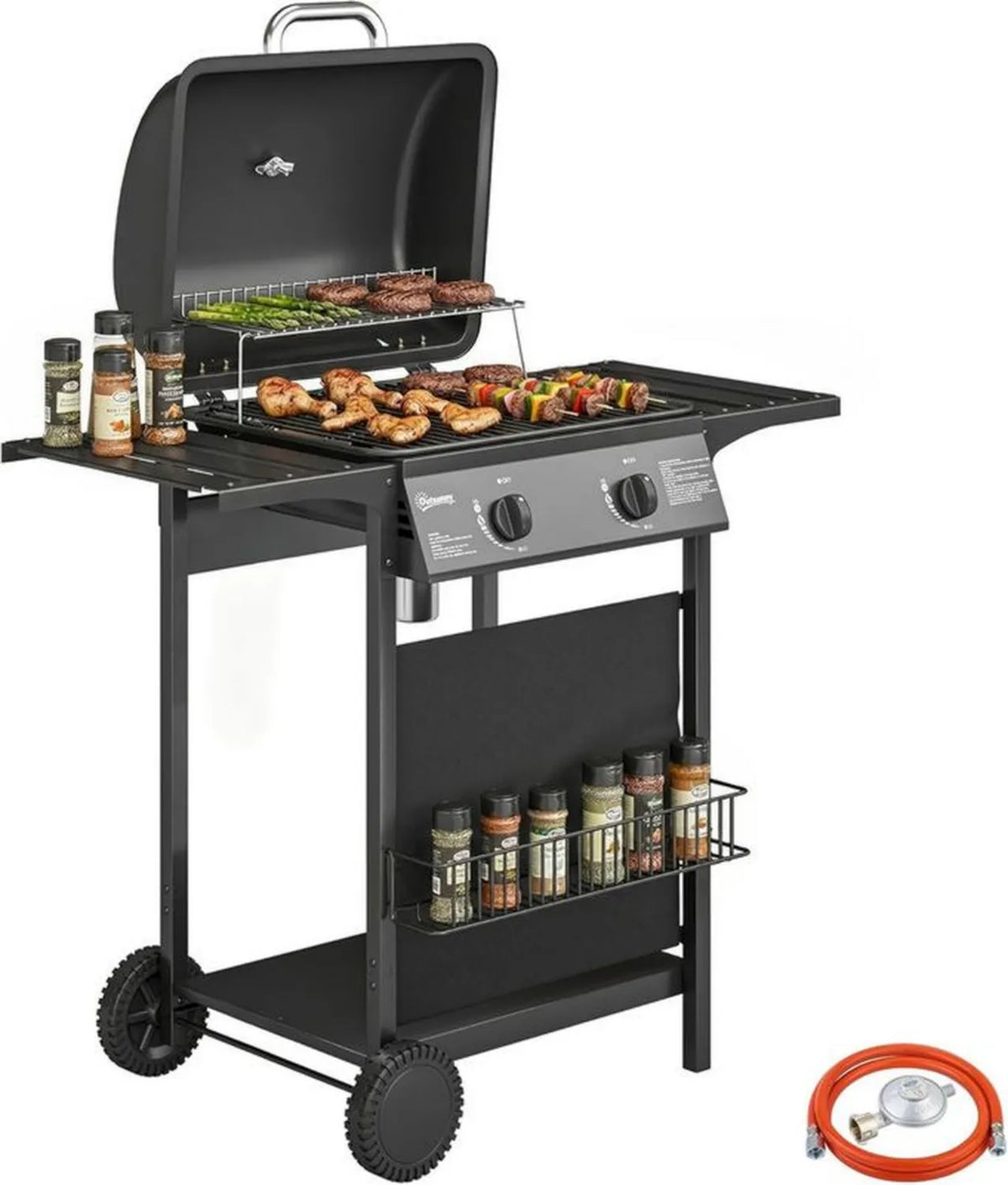 Grill gazowy Outsunny 5 kW, 2 palniki, stal nierdzewna z bocznym stolikiem i termometrem