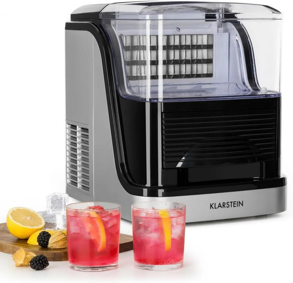 Klarstein Kristal Ice Edition - Kostkarka do lodu, zbiornik 2,5 l, 2 rozmiary kostek, wyświetlacz poziomu, system cyrkulacji, do 15 kg/godz., srebrna