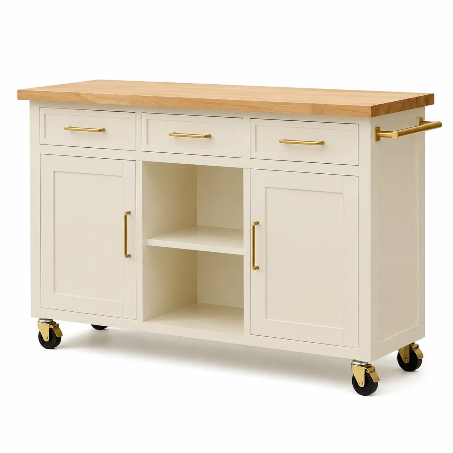 wyspa kuchenna na kółkach 120 cm x 50 cm x 90 cm MDF kremowa blat drewniany 3 szuflady 2 drzwi złote uchwyty