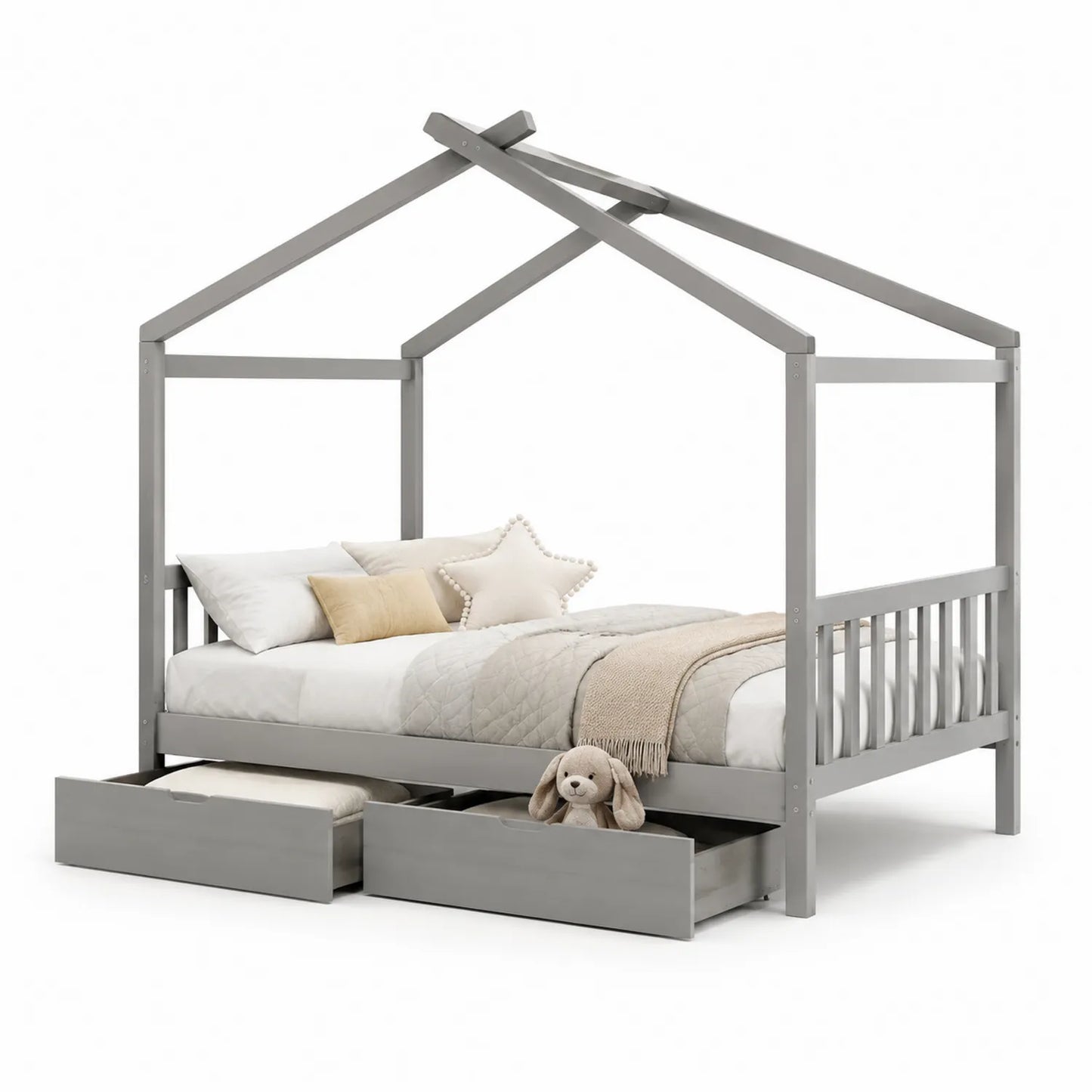 Łóżko dziecięce domek z szufladami 200 x 140 x 170 cm drewno sosnowe MDF szare z szufladami