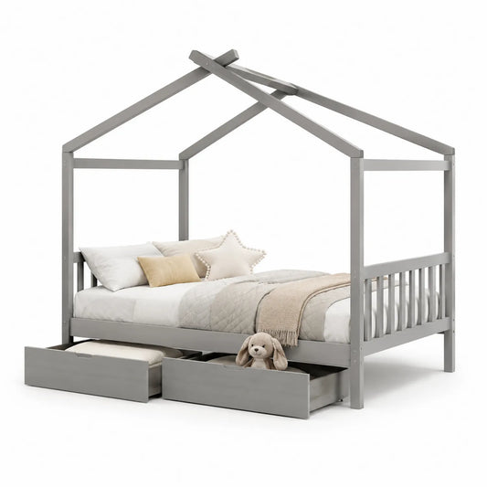 Łóżko dziecięce domek z szufladami 200 x 140 x 170 cm drewno sosnowe MDF szare z szufladami