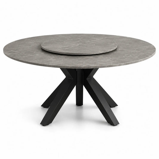 Stół jadalniany okrągły 130x130x76 cm blat marmurowy HPL szary czarny metalowa podstawa z blatem obrotowym
