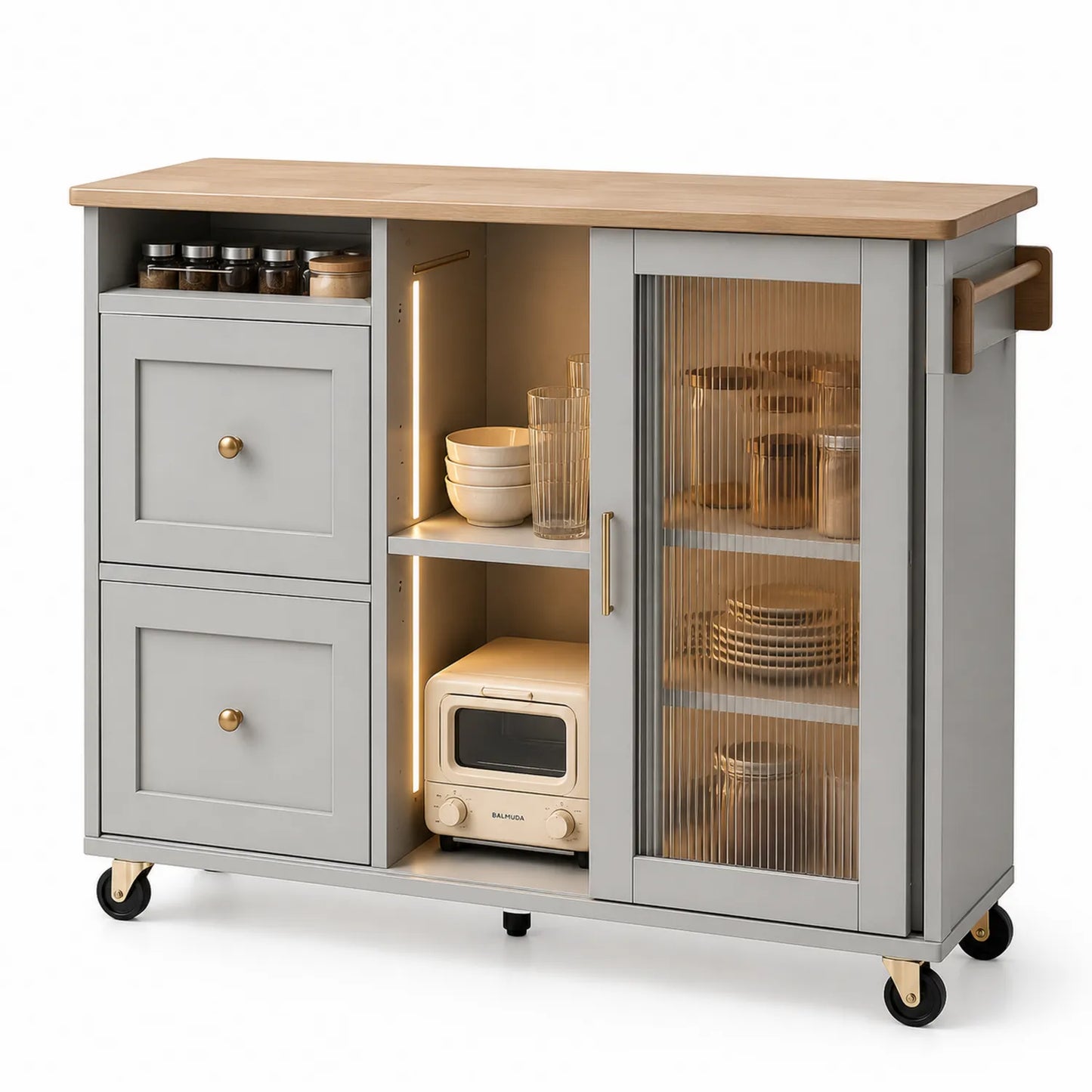 Wyspa kuchenna na kółkach 120 cm x 45 cm x 90 cm MDF lakierowany blat drewno kauczukowe szary prostokątny z szufladami i przesuwnymi ryflowanymi drzwiami szklanymi