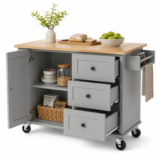 wyspa kuchenna na kółkach 120 cm x 46 cm x 90 cm MDF szary blat bambusowy prostokątny 3 szuflady 1 szafka