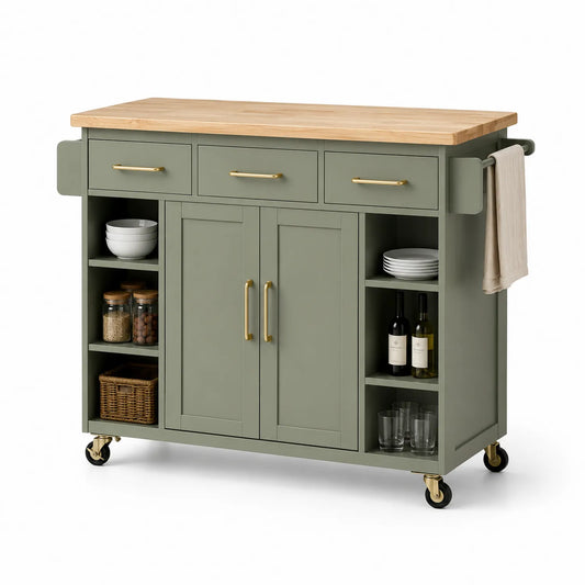 Wyspa kuchenna na kółkach 130 cm x 50 cm x 90 cm MDF szałwiowy blat drewno kauczukowe prostokątna z szufladami drzwiami półkami