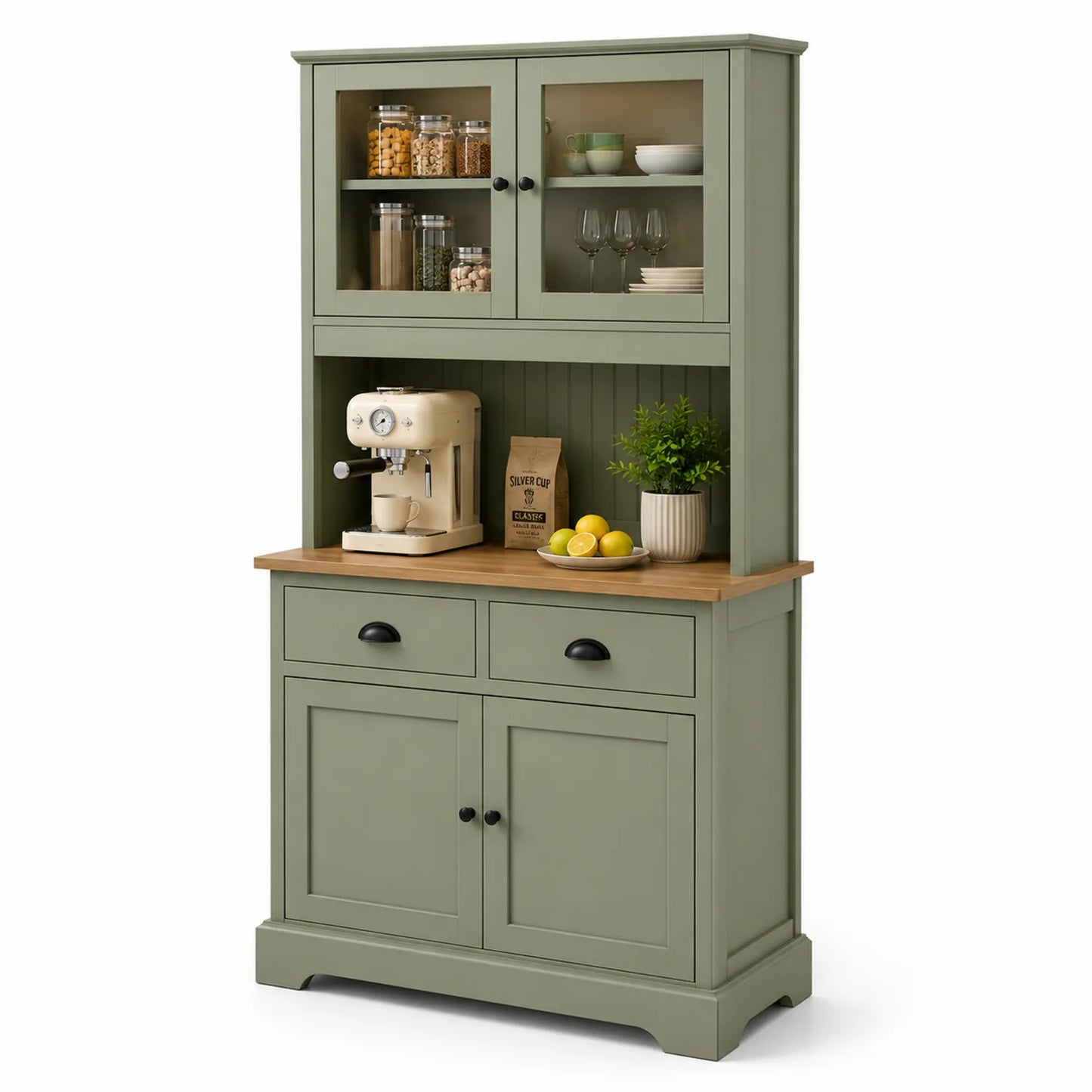 Wyspa kuchenna z szafką 100 cm x 45 cm x 190 cm MDF lakierowany szałwiowa zieleń drewniany blat prostokątny z przeszklonymi drzwiami i szufladami