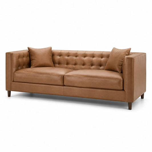 Sofa 3 osobowa 220 cm x 85 cm x 75 cm skóra ekologiczna PU brązowa pikowana z drewnianymi nogami i poduszkami
