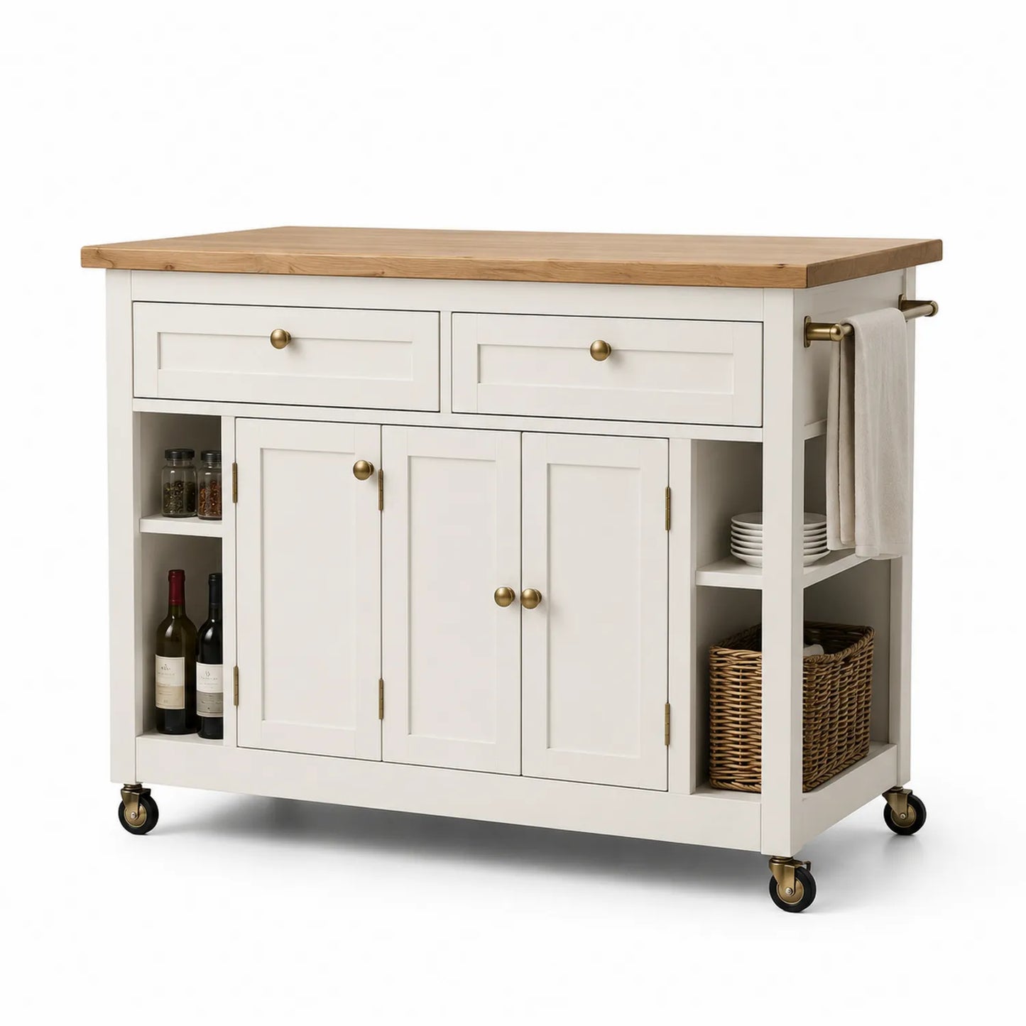Wyspa kuchenna na kółkach MDF 140 x 60 x 91 cm biały blat z drewna kauczukowego 2 szuflady 2 drzwi półki boczne