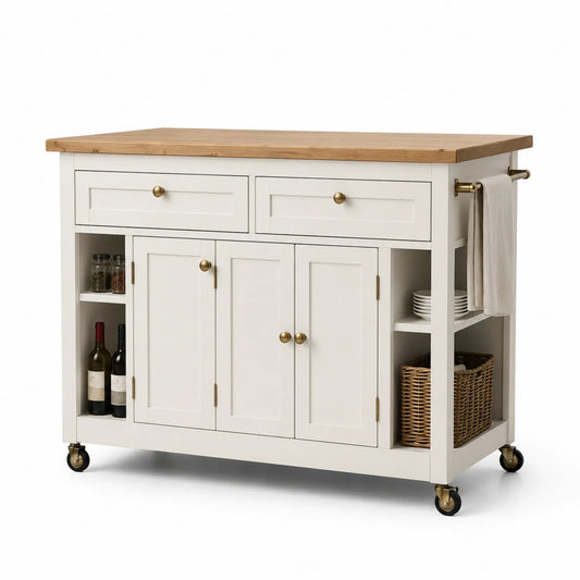 Wyspa kuchenna na kółkach MDF 140 x 60 x 91 cm biały blat z drewna kauczukowego 2 szuflady 2 drzwi półki boczne