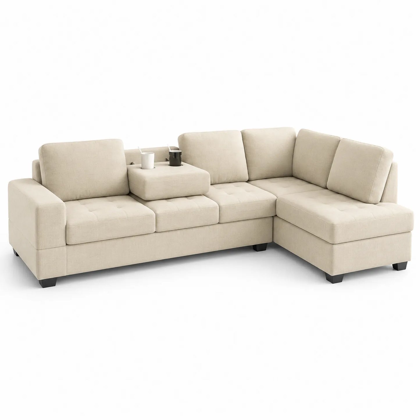 sofa narożna L prawostronna 270 cm x 170 cm x 85 cm tkanina poliestrowa beżowa z modułem na kubki