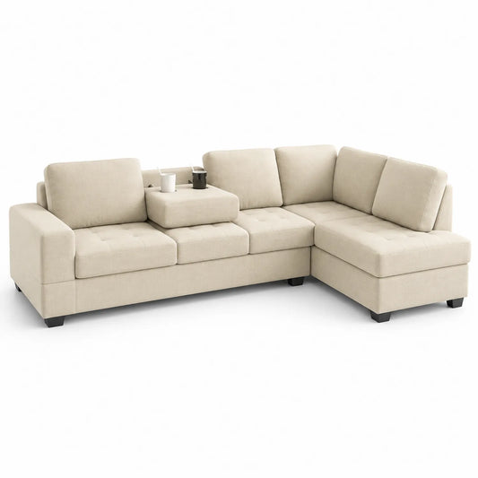 sofa narożna L prawostronna 270 cm x 170 cm x 85 cm tkanina poliestrowa beżowa z modułem na kubki