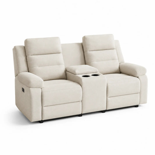 Sofa dwuosobowa 180 cm x 95 cm x 105 cm tapicerowana beżowa tkanina poliester funkcja relaksu z konsolą i uchwytami na kubki