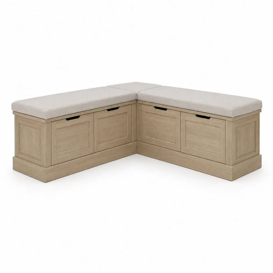 Ławka do przedpokoju narożna w kształcie L 160 cm x 160 cm x 45 cm drewno MDF beżowa z siedziskiem i szufladami