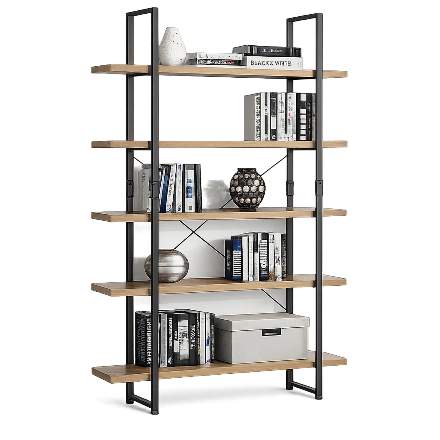 Regał biblioteczny 100 cm x 30 cm x 180 cm metalowa rama MDF dąb i czarny 5 poziomów