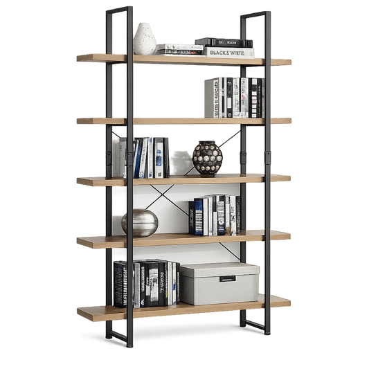 Regał biblioteczny 100 cm x 30 cm x 180 cm metalowa rama MDF dąb i czarny 5 poziomów