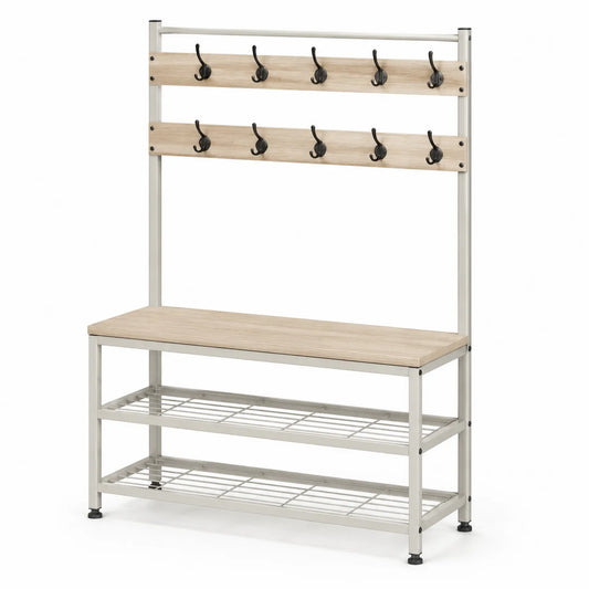 Wieszak do przedpokoju z ławką i półkami 100 cm x 40 cm x 180 cm stal MDF biały dąb jasny czarne haki