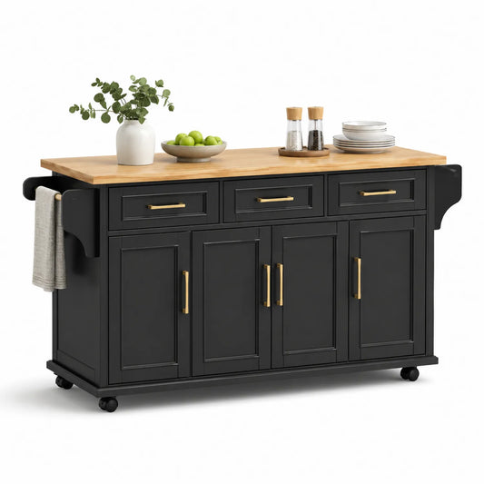 Wyspa kuchenna na kółkach 140 cm x 60 cm x 91 cm MDF czarna blat drewno kauczukowe prostokątna z 3 szufladami i 4 drzwiami i uchwytem bocznym złotym