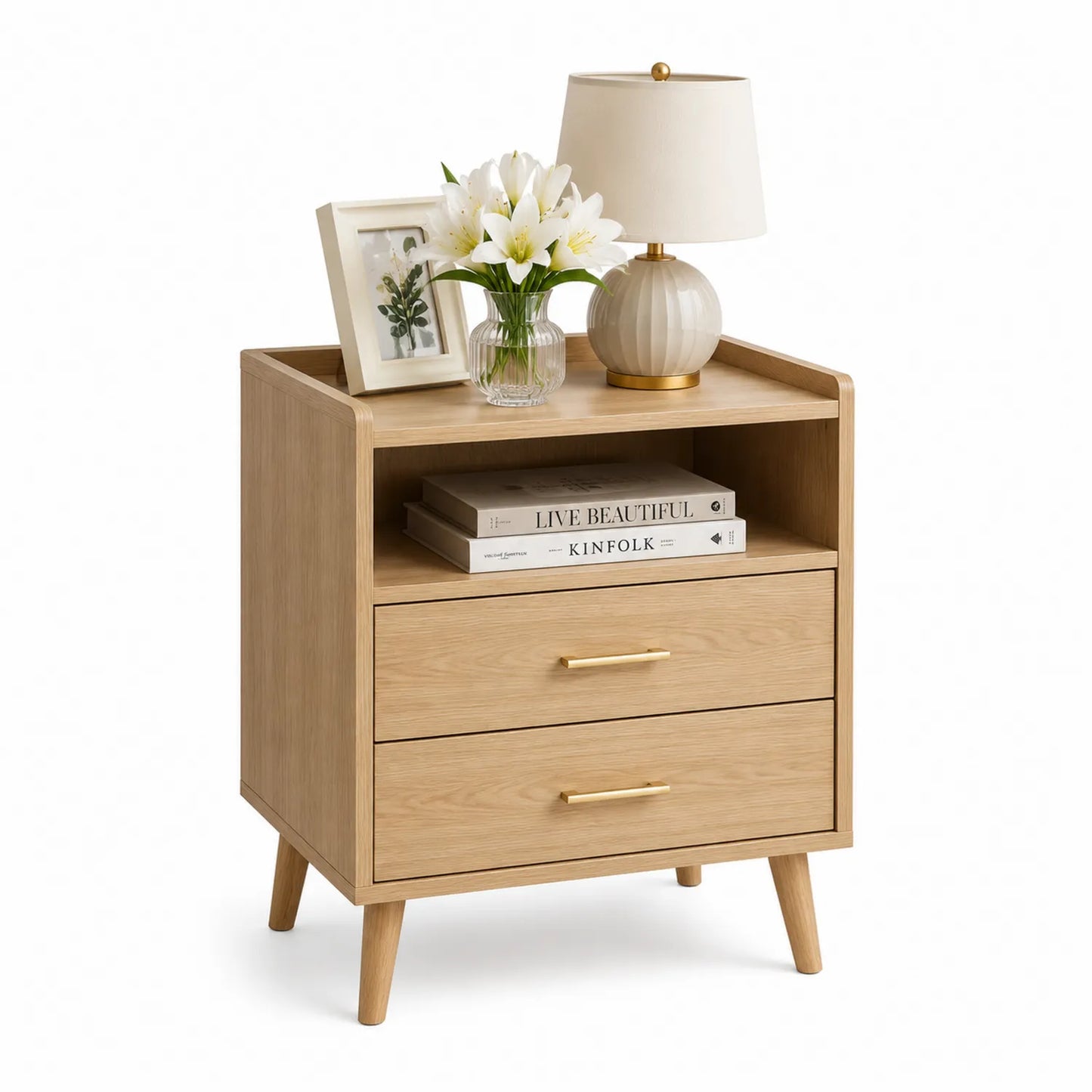 Szafka nocna 2 szuflady MDF okleina dąb naturalny 60 x 40 x 70 cm z otwartą półką