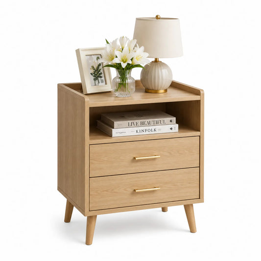 Szafka nocna 2 szuflady MDF okleina dąb naturalny 60 x 40 x 70 cm z otwartą półką