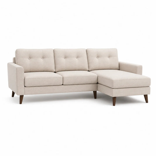 sofa narożna prawostronna z szezlongiem 260 cm x 160 cm x 85 cm tapicerowana beżowa tkanina poliester drewniane nogi