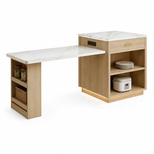 wyspa kuchenna 180 cm x 80 cm x 90 cm MDF okleina dąb spiek kwarcowy biały marmur prostokątna wysuwany blat 1 szuflada otwarte półki złote detale