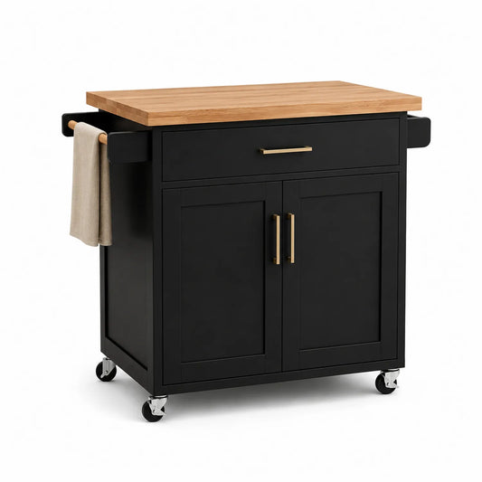 Wyspa kuchenna na kółkach 100 cm x 48 cm x 90 cm MDF czarna blat drewno kauczukowe prostokątna z szufladą i szafką dwudrzwiową