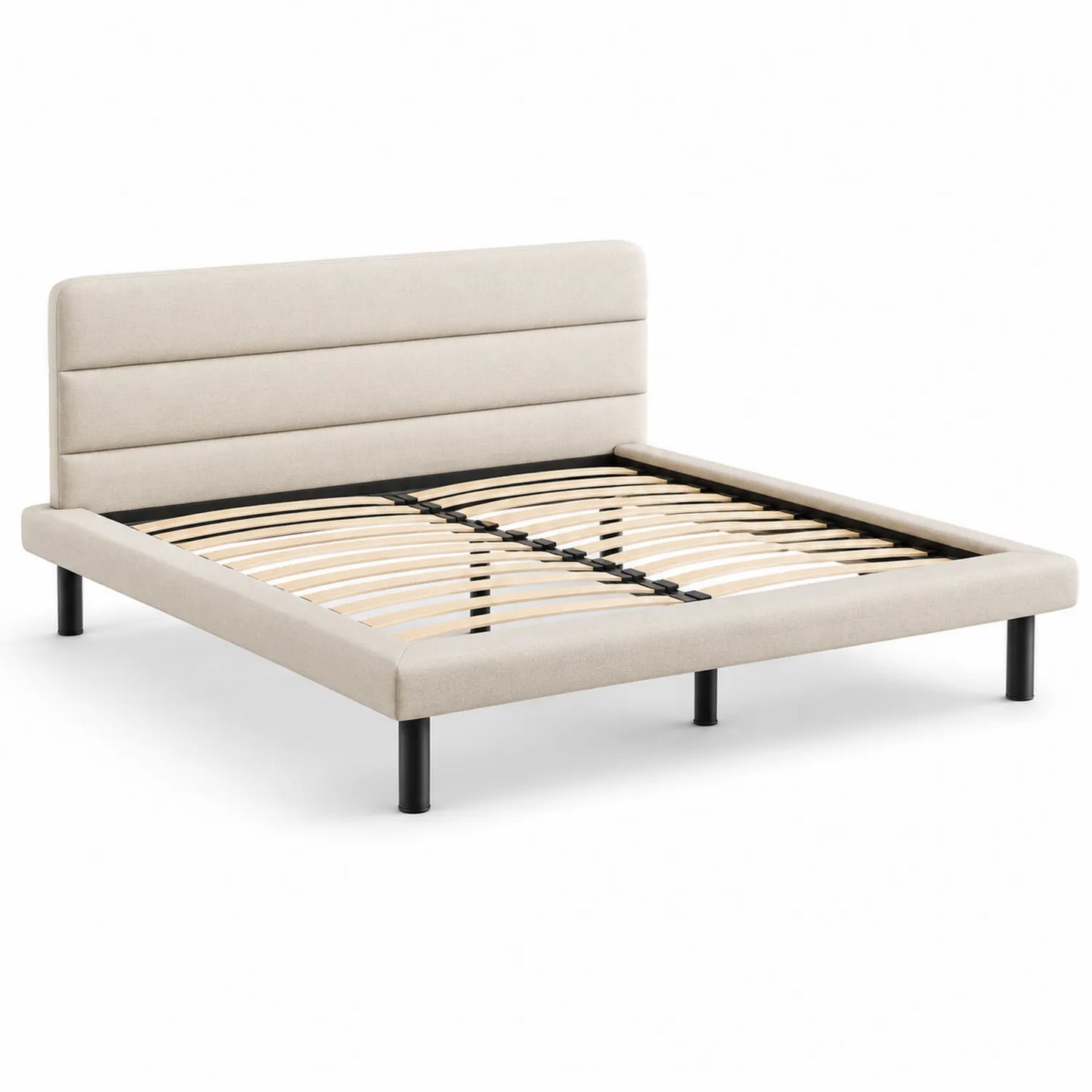 Łóżko tapicerowane 160 cm x 200 cm MDF metal tkanina poliestrowa beżowe prostokątne czarne nogi