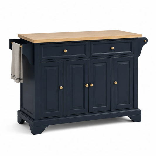 Wyspa kuchenna prostokątna 130 cm x 50 cm x 90 cm MDF granatowa blat drewno kauczukowe z 2 szufladami i 4 drzwiami złote uchwyty