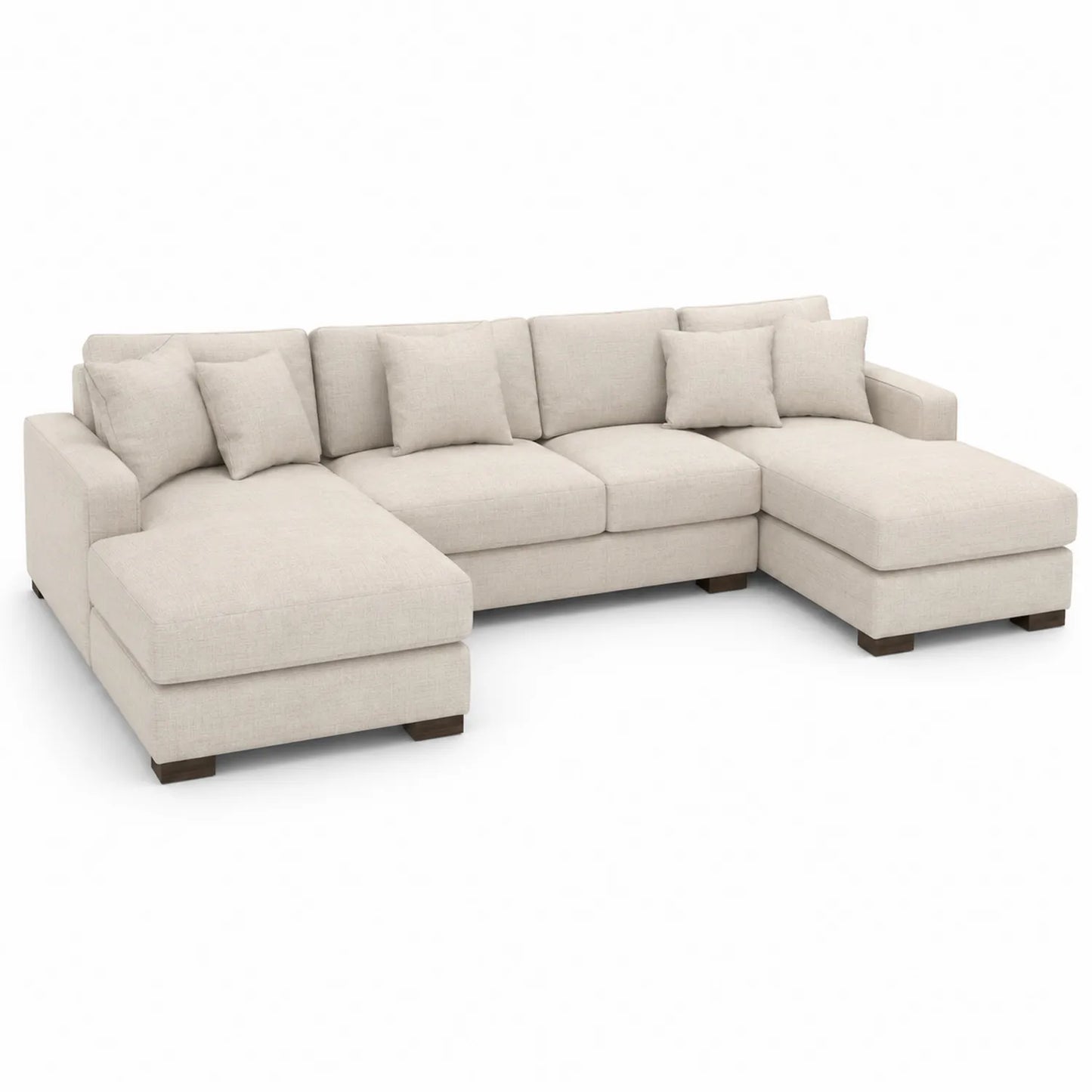Sofa narożna U około 300 cm x 170 cm x 85 cm tapicerowana tkanina beżowa modułowa z szezlongiem i poduszkami
