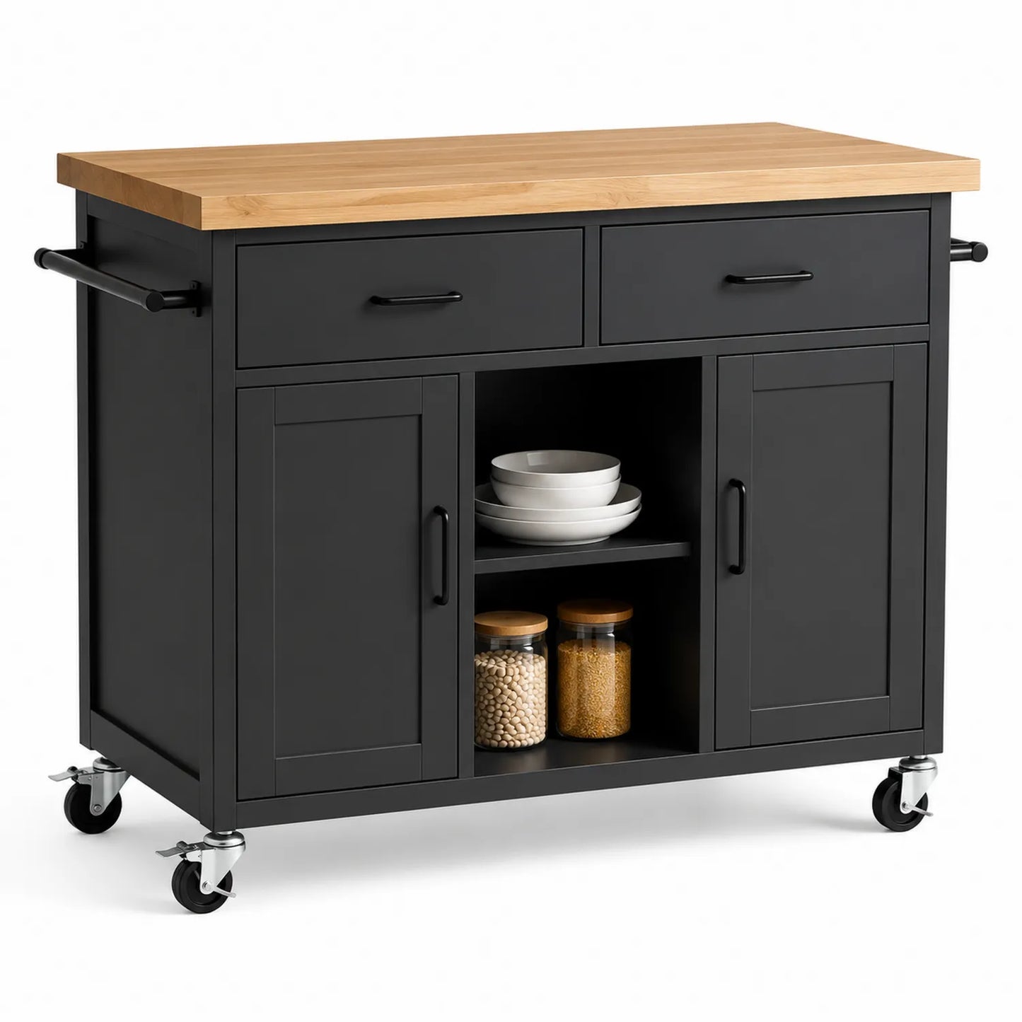 wyspa kuchenna na kółkach 120 cm x 48 cm x 90 cm MDF czarna blat drewniany 2 szuflady 2 drzwi boczny moduł półek