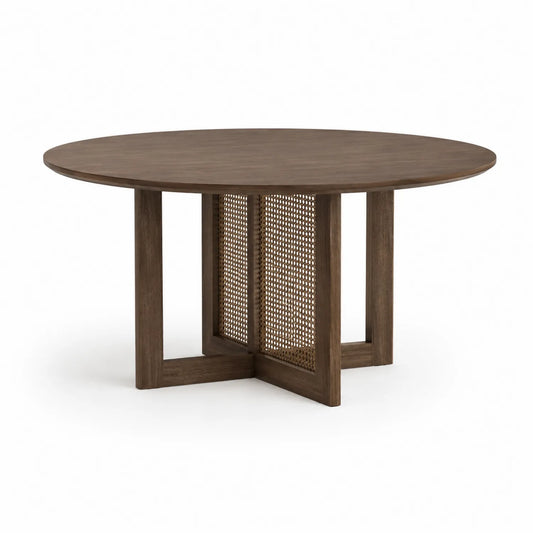 okrągły stół jadalniany 130 cm x 130 cm x 76 cm MDF fornir orzechowy brązowy rattanowa podstawa krzyżowa