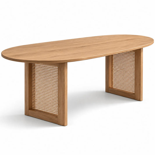 Stół jadalniany owalny MDF fornir dąb naturalny z panelami rattanowymi 180 x 90 x 75 cm