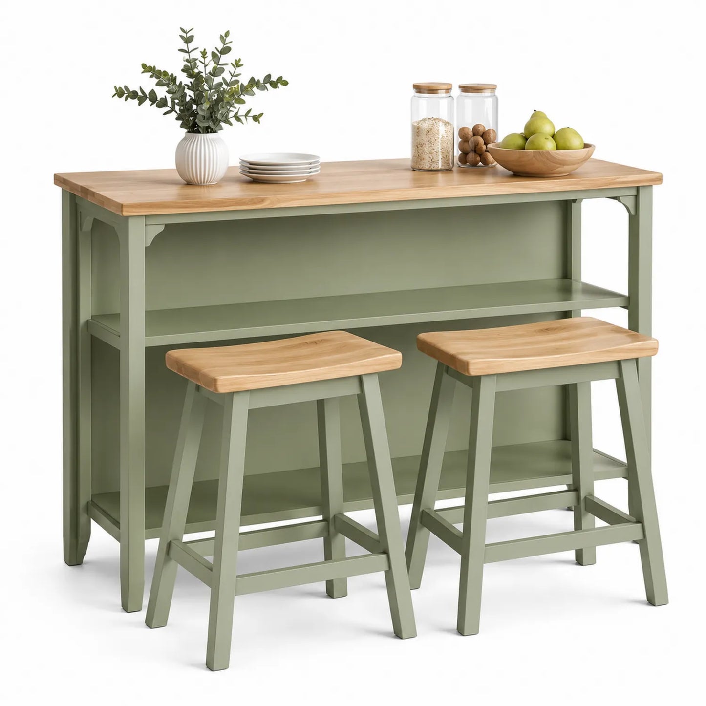 Wyspa kuchenna z taboretami 120 cm x 50 cm x 90 cm MDF szałwiowa blat drewno kauczukowe z półką otwartą i 2 taboretami