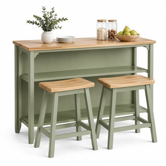 Wyspa kuchenna z taboretami 120 cm x 50 cm x 90 cm MDF szałwiowa blat drewno kauczukowe z półką otwartą i 2 taboretami