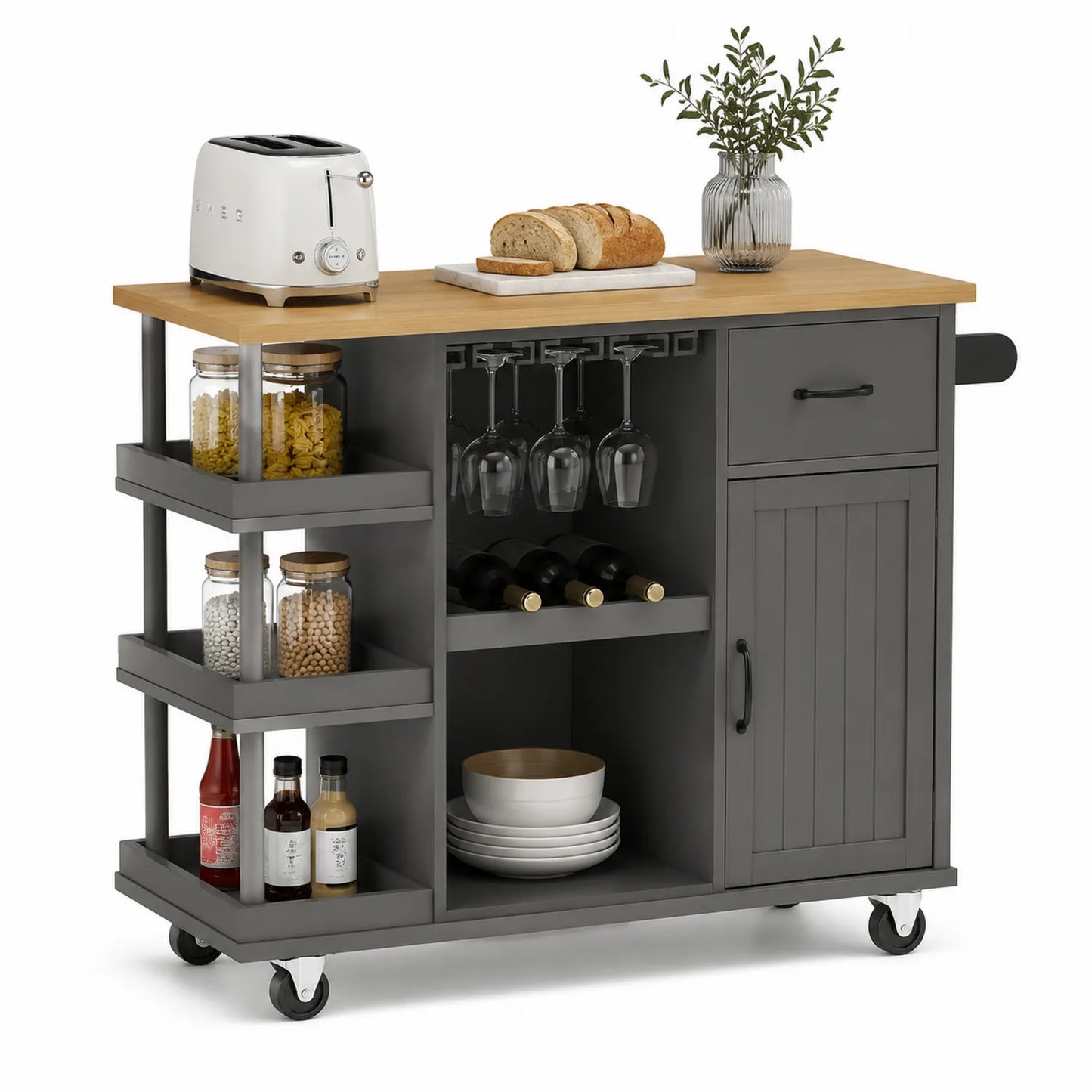 wyspa kuchenna na kółkach 120 cm x 40 cm x 90 cm MDF szałwiowa blat drewniany prostokątna 1 szuflada 1 drzwi półki boczne reling na kieliszki uchwyt na butelki