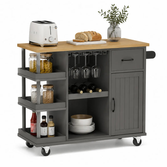 wyspa kuchenna na kółkach 120 cm x 40 cm x 90 cm MDF szałwiowa blat drewniany prostokątna 1 szuflada 1 drzwi półki boczne reling na kieliszki uchwyt na butelki