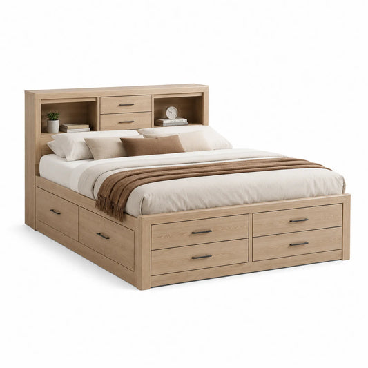 Łóżko z szufladami i zagłówkiem z półkami 160 x 200 cm MDF laminowany dąb naturalny prostokątne 220 x 170 x 112 cm