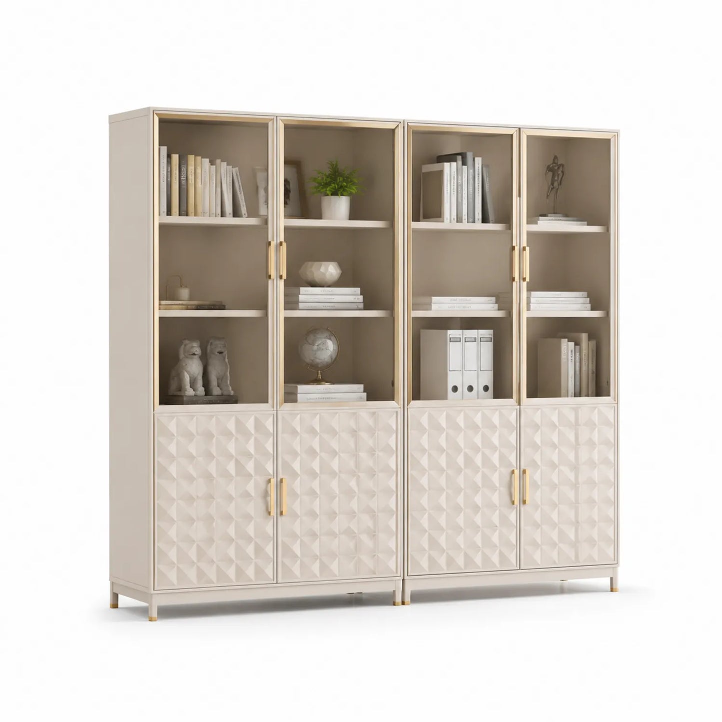 Regał biblioteczka witryna 8 drzwi 180 cm x 40 cm x 200 cm MDF szkło kremowy złoty