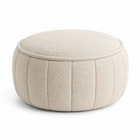 Pufa okrągła 80 cm x 80 cm x 42 cm tapicerowana tkanina bouclé kremowa siedzisko podnóżek