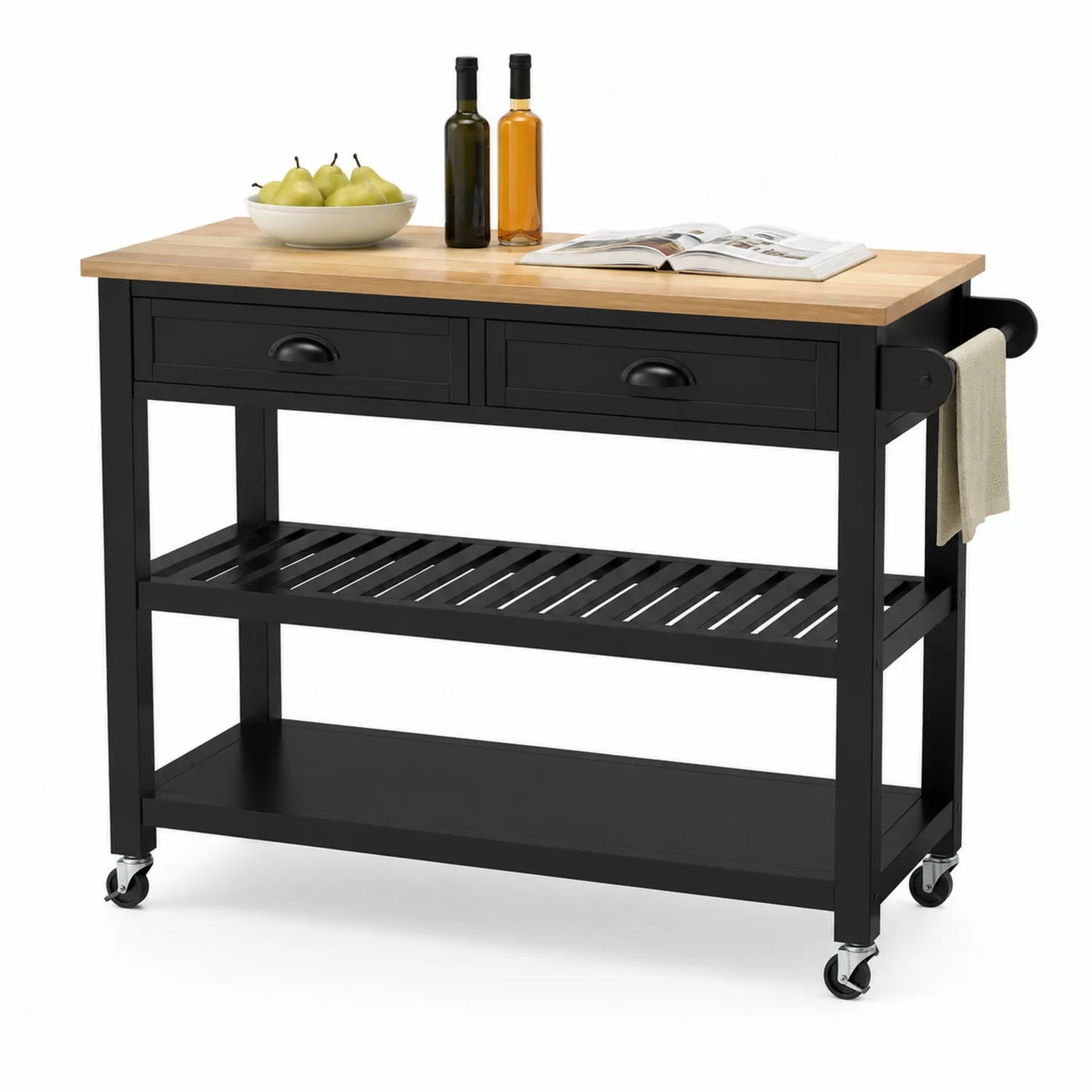 Wyspa kuchenna na kółkach 120 cm x 45 cm x 90 cm MDF czarna blat bambusowy prostokątna z 2 szufladami i półkami