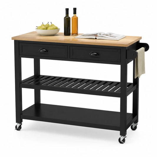 Wyspa kuchenna na kółkach 120 cm x 45 cm x 90 cm MDF czarna blat bambusowy prostokątna z 2 szufladami i półkami