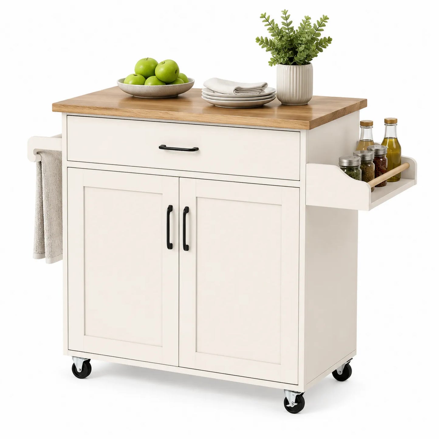 wyspa kuchenna na kółkach 105 cm x 48 cm x 90 cm MDF biała blat z litego drewna prostokątna 1 szuflada 2 drzwi półki boczne