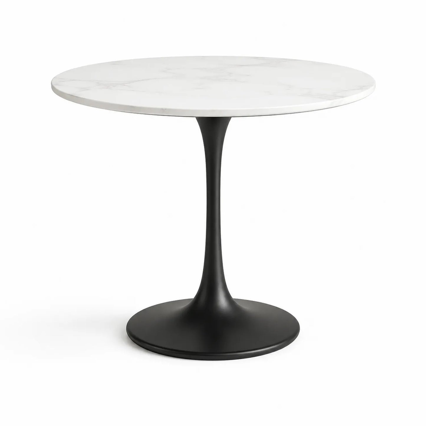 okrągły stół jadalniany 100 cm x 100 cm x 75 cm blat ceramiczny efekt białego marmuru MDF stalowa podstawa tulipanowa czarna