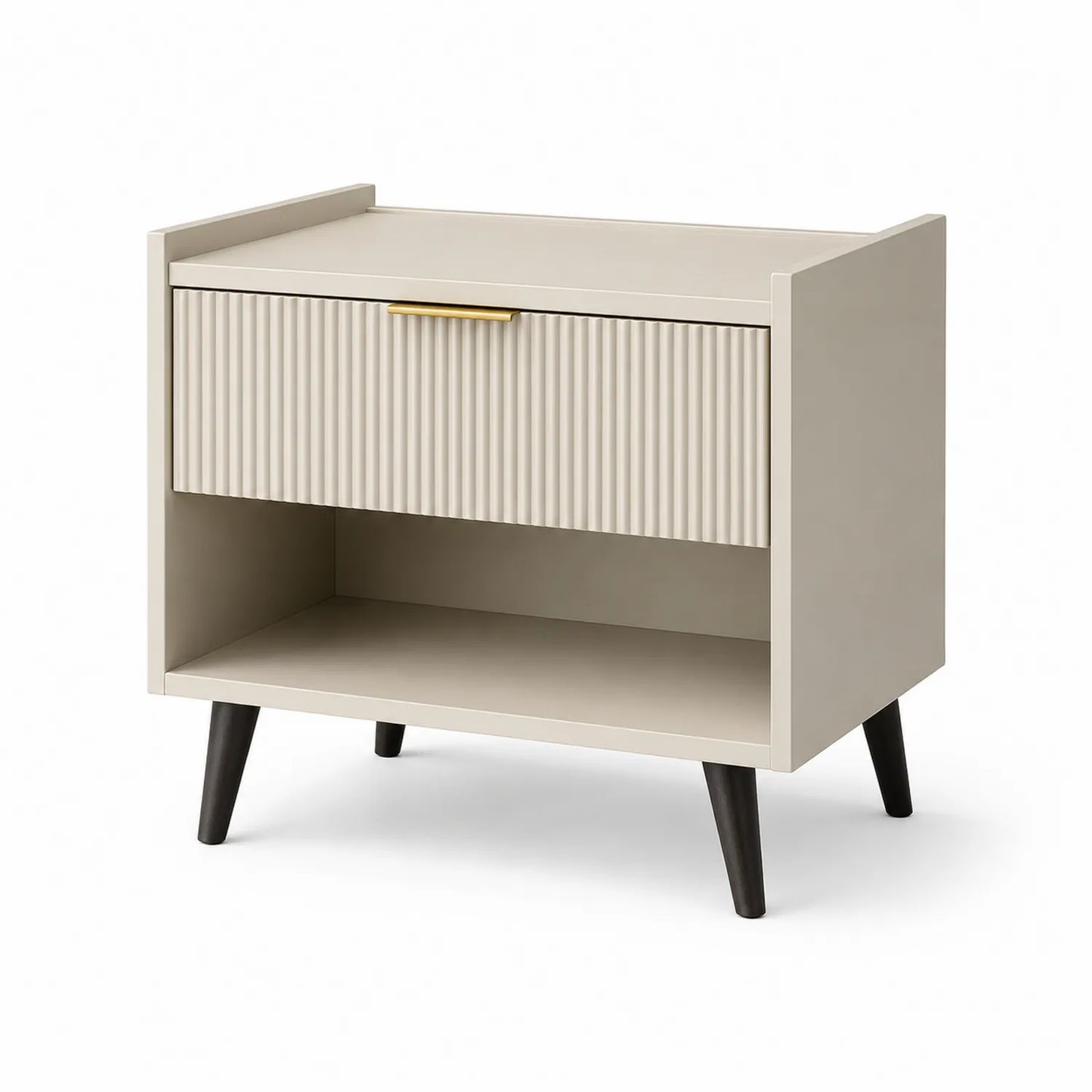 Szafka nocna 55x40x55 cm MDF beżowa z ryflowanym frontem 1 szuflada i otwarta półka złoty uchwyt czarne nogi